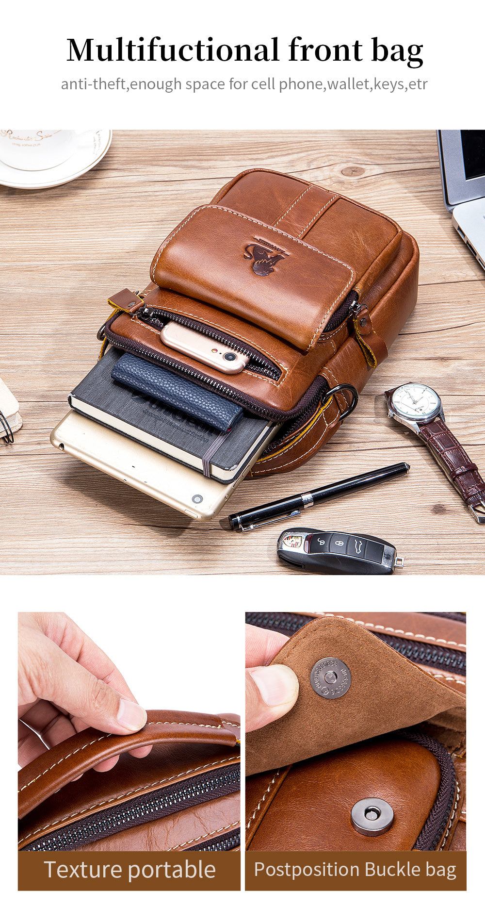 Men Leather Purse Small Messenger Bag Zipper Crossbody Shoulder Bag Brown