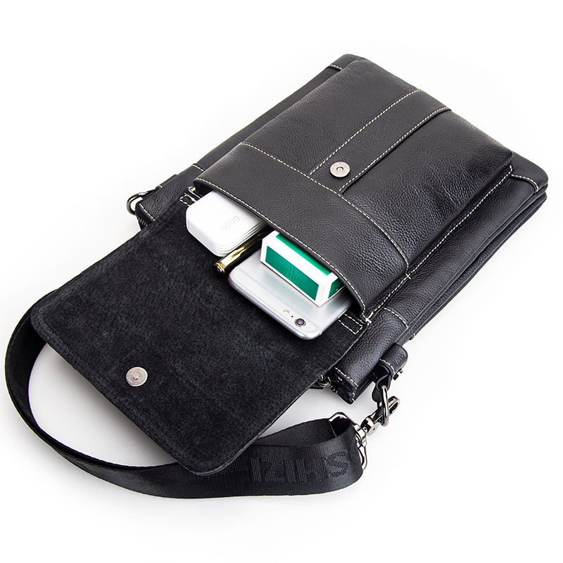 Men's Leather Shoulder Bag Messenger Crossbody Travel Pack Bag Black