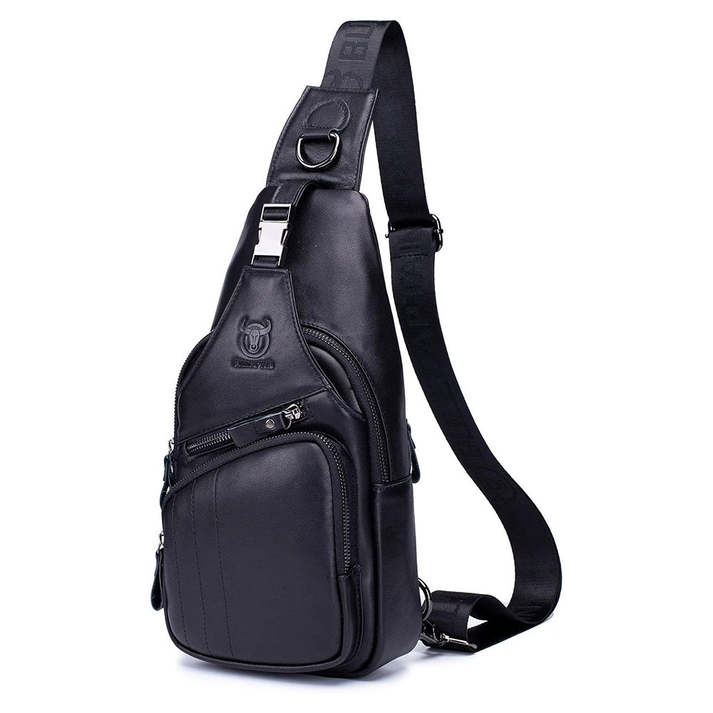Men Leather Sling Bag Casual Crossbody Chest Bags Travel Daypack Black