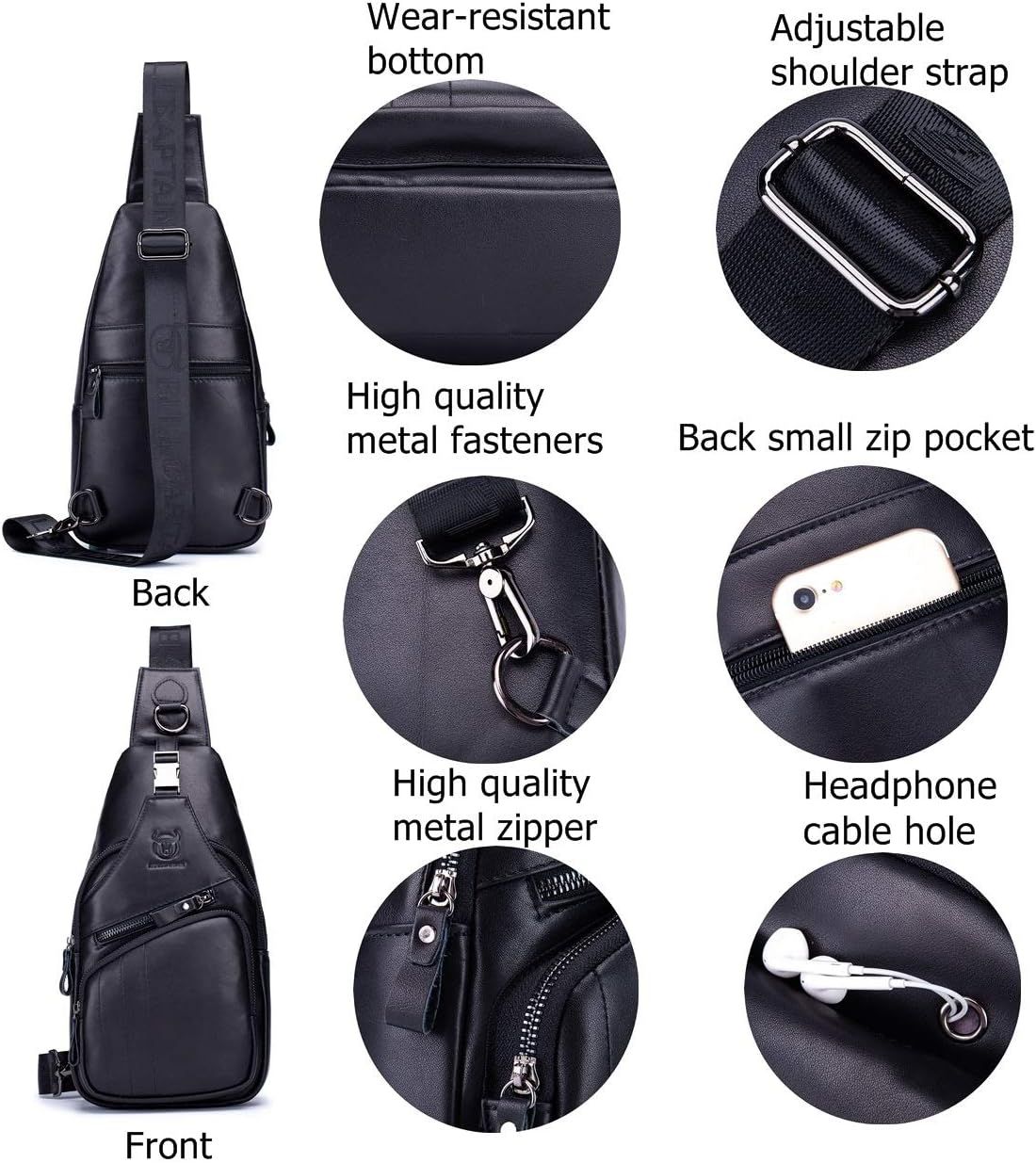 Men Leather Sling Bag Casual Crossbody Chest Bags Travel Daypack Black