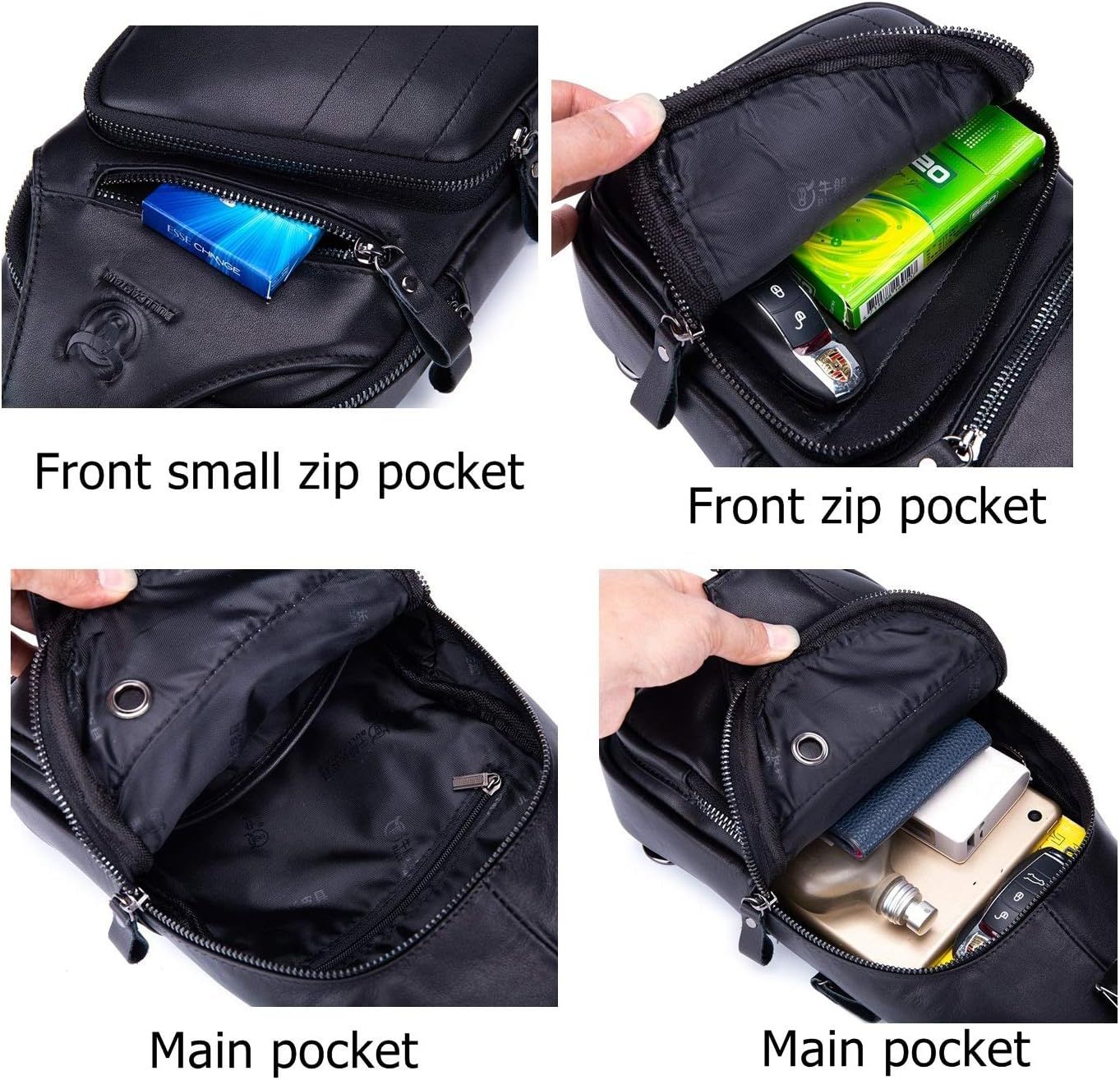 Men Leather Sling Bag Casual Crossbody Chest Bags Travel Daypack Black