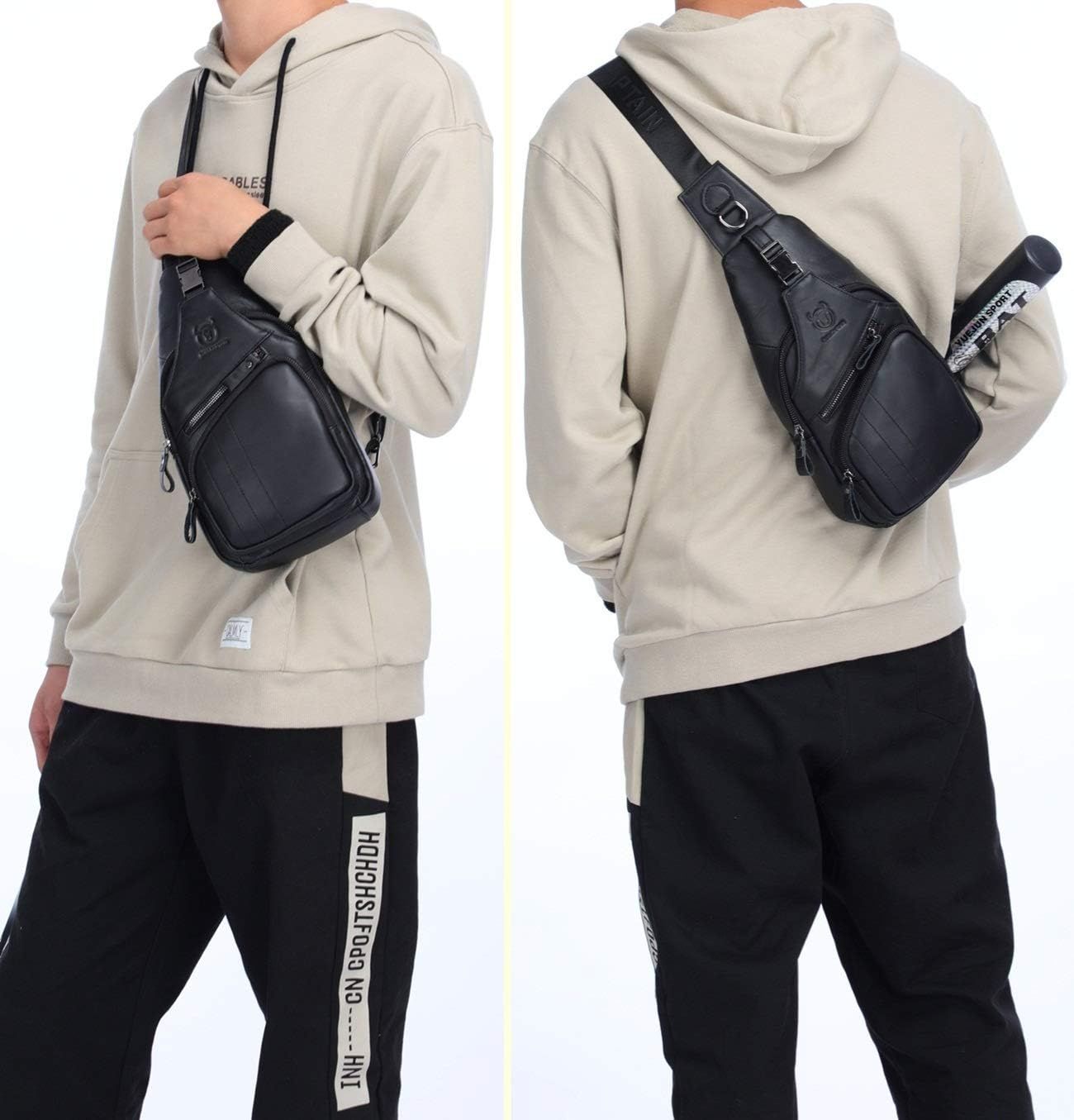 Men Leather Sling Bag Casual Crossbody Chest Bags Travel Daypack Black