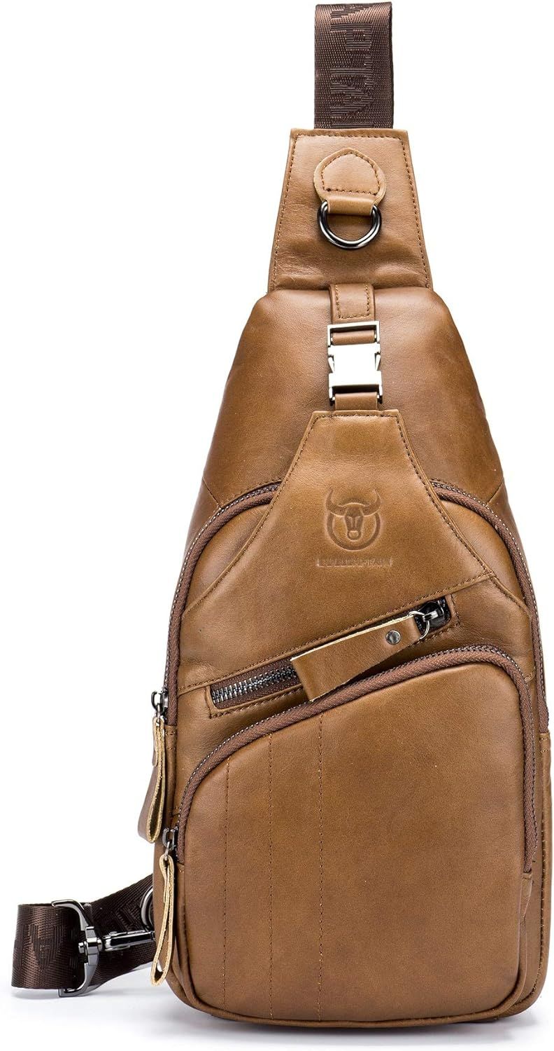 Men Leather Sling Bag Casual Crossbody Chest Bags Travel Daypack Brown