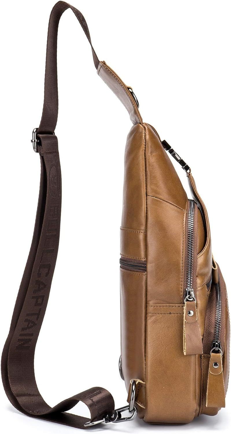 Men Leather Sling Bag Casual Crossbody Chest Bags Travel Daypack Brown