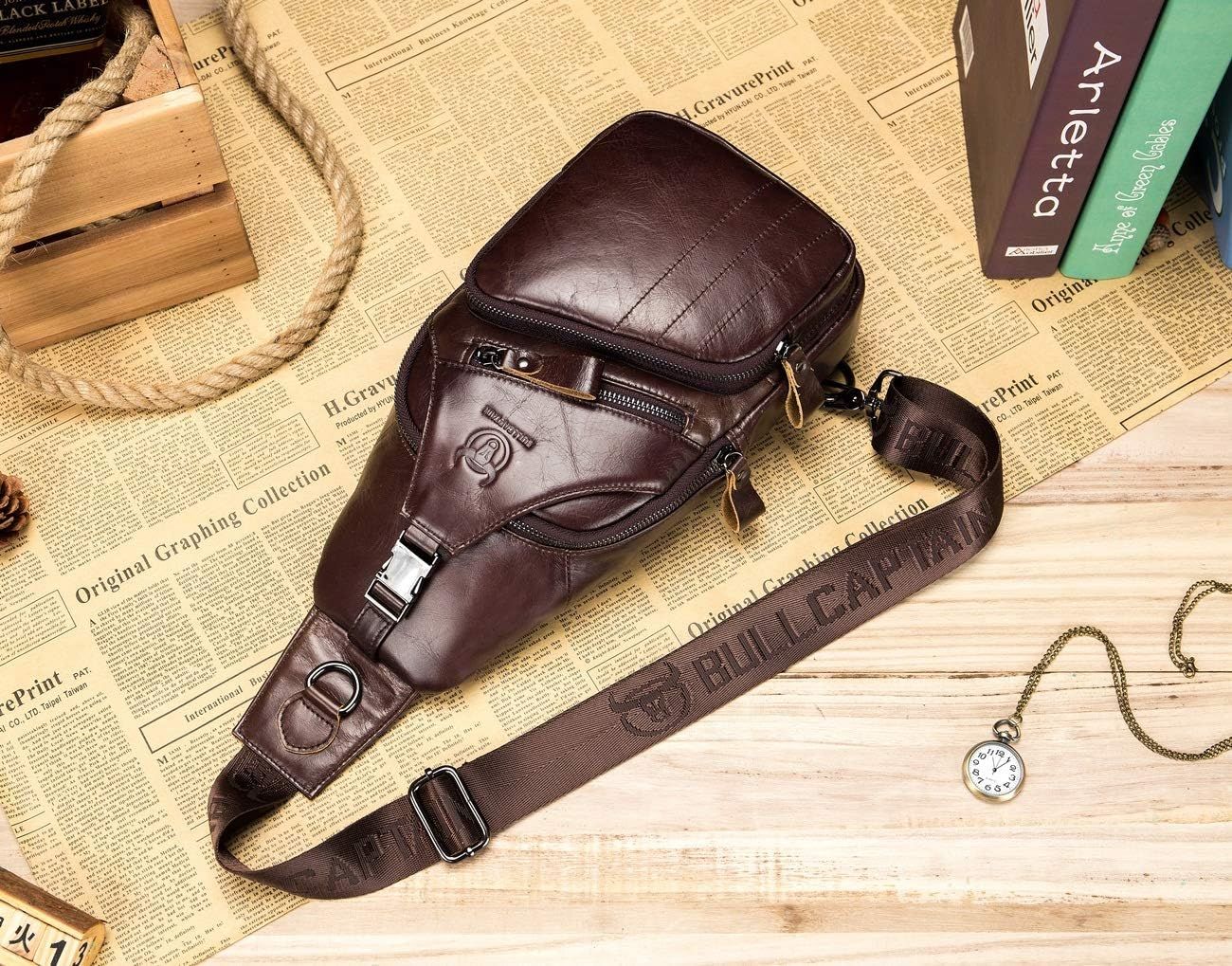 Men Leather Sling Bag Casual Crossbody Chest Bags Travel Daypack Coffee