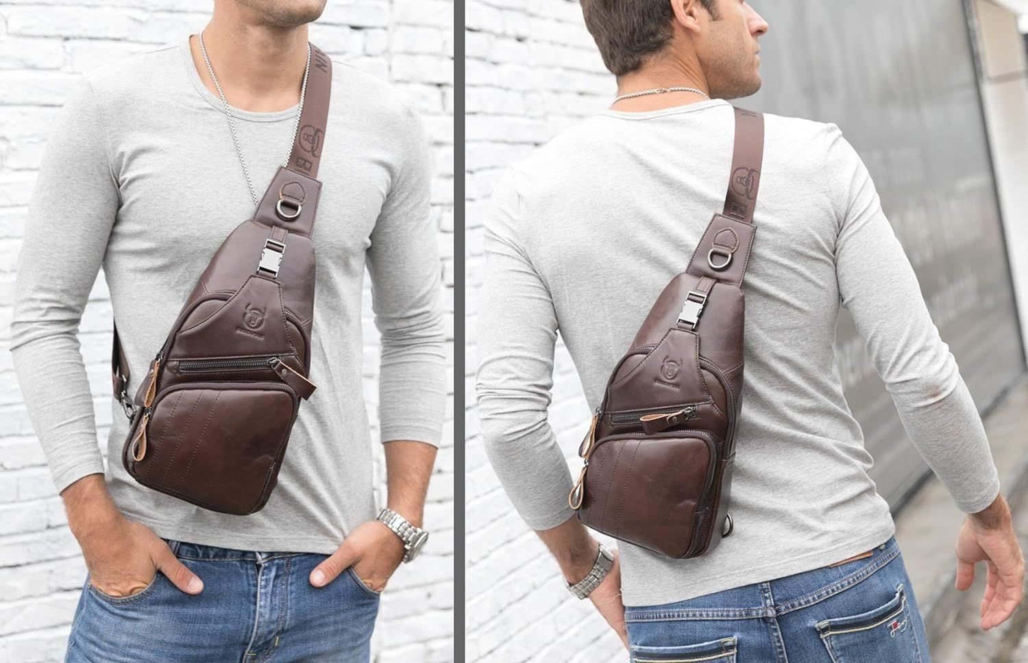 Men Leather Sling Bag Casual Crossbody Chest Bags Travel Daypack Coffee