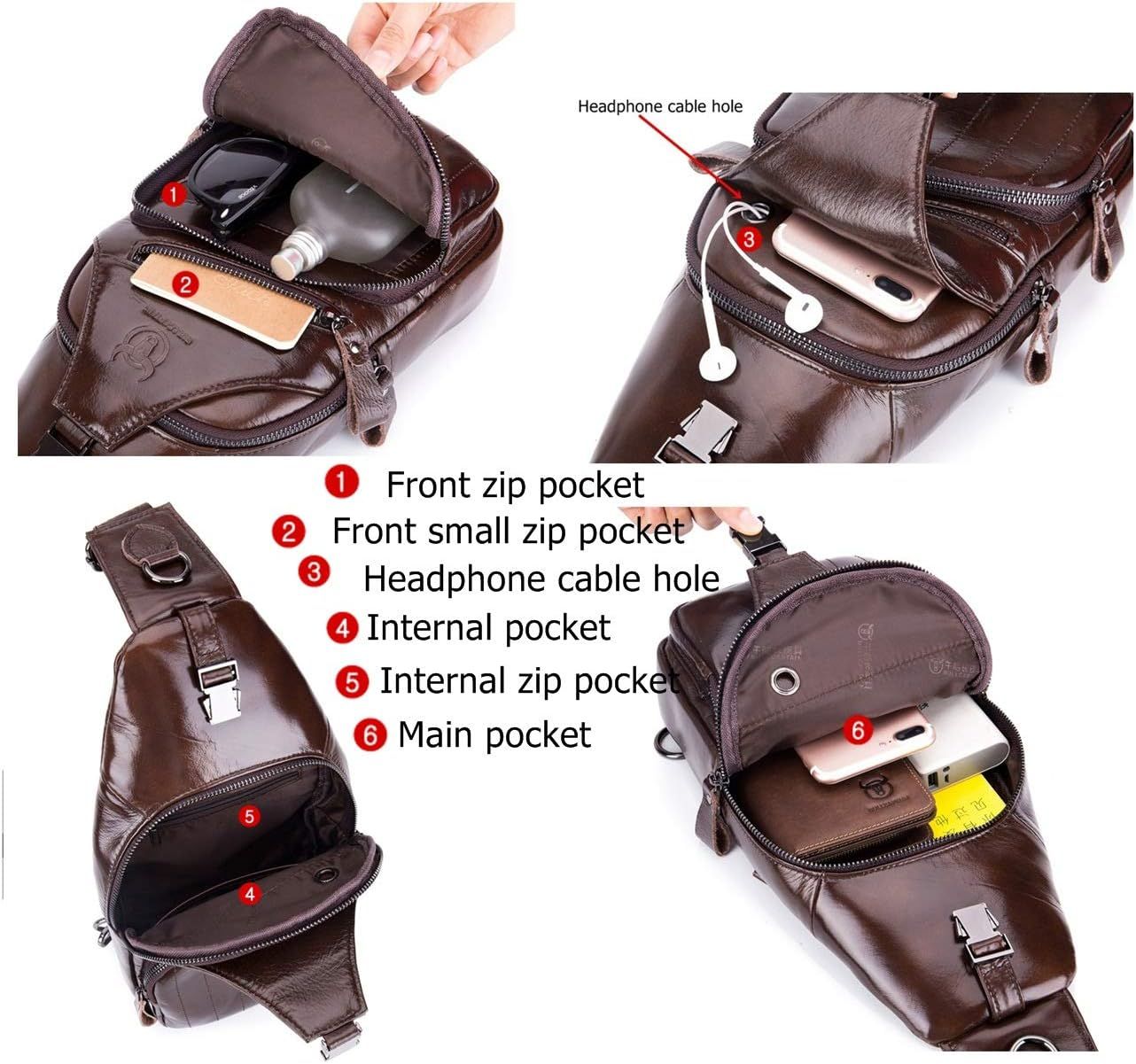 Men Leather Sling Bag Casual Crossbody Chest Bags Travel Daypack Coffee