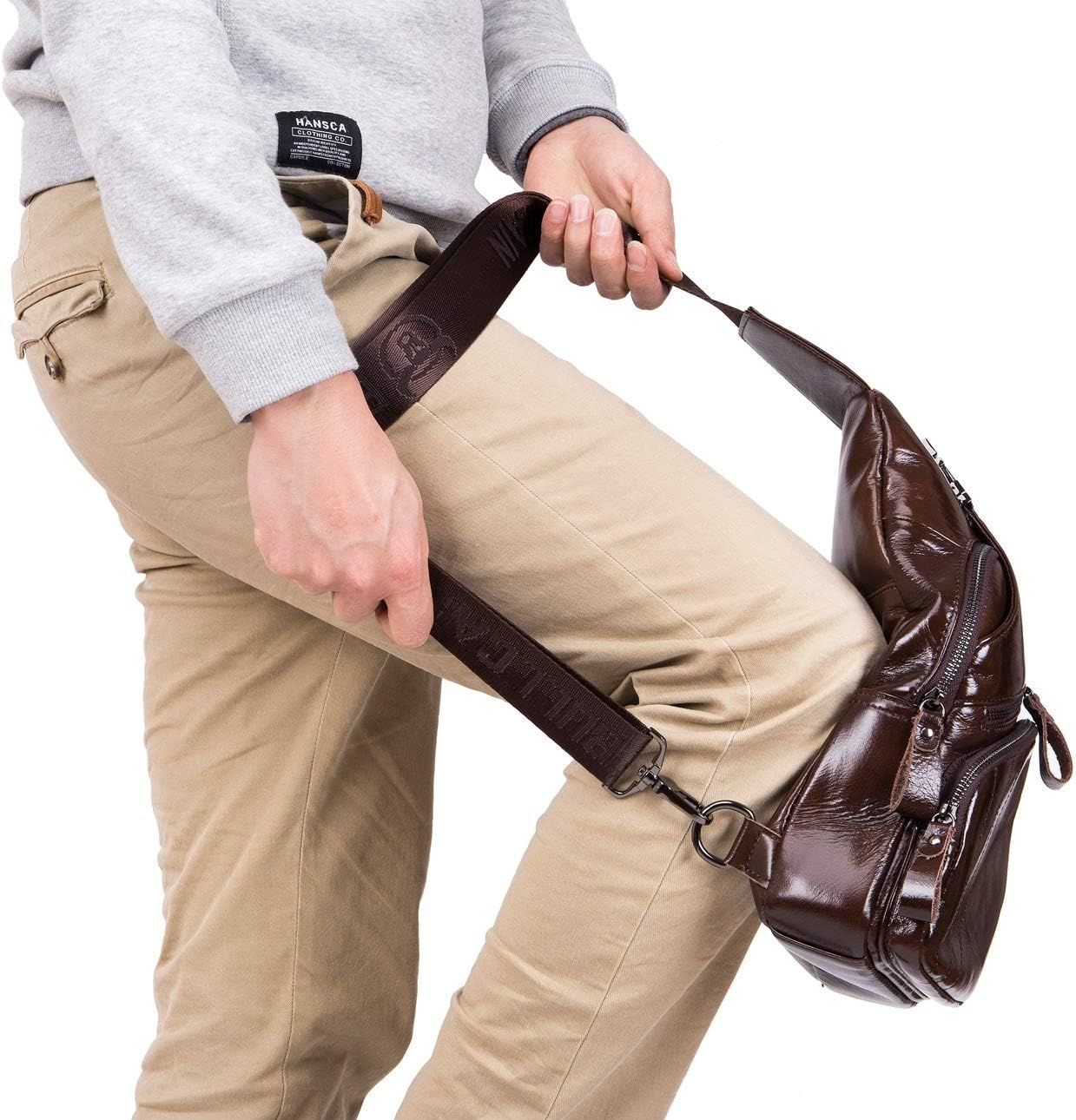 Men Leather Sling Bag Casual Crossbody Chest Bags Travel Daypack Coffee