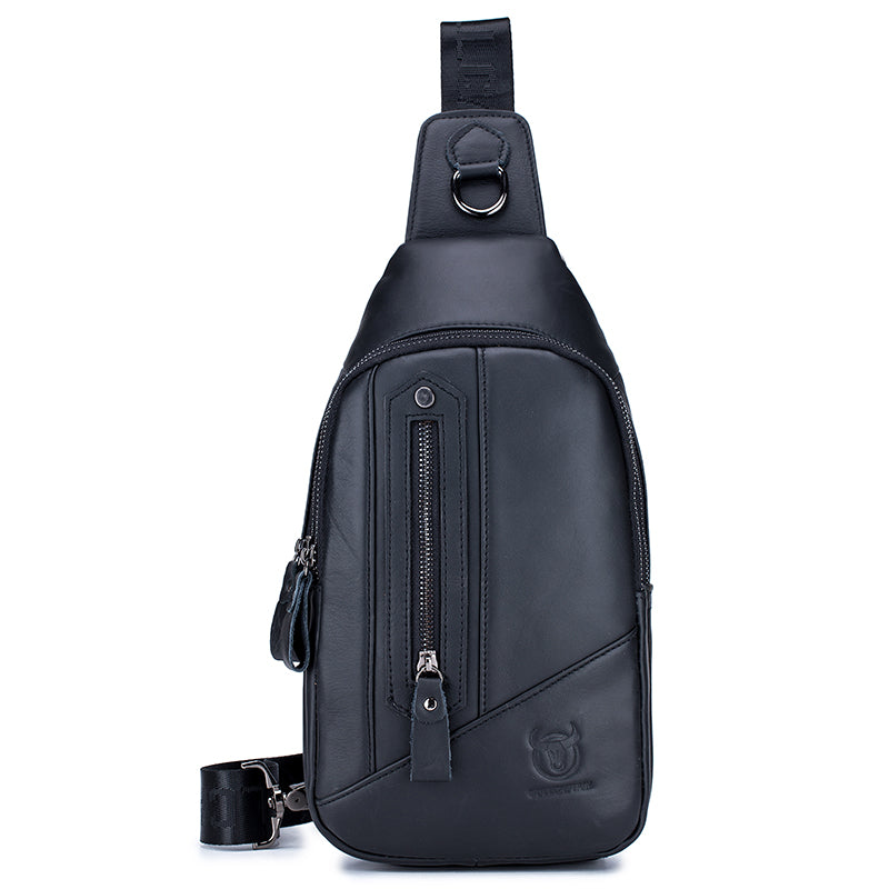 Men Leather Sling Bag Casual Crossbody Shoulder Backpack Chest Bag Black