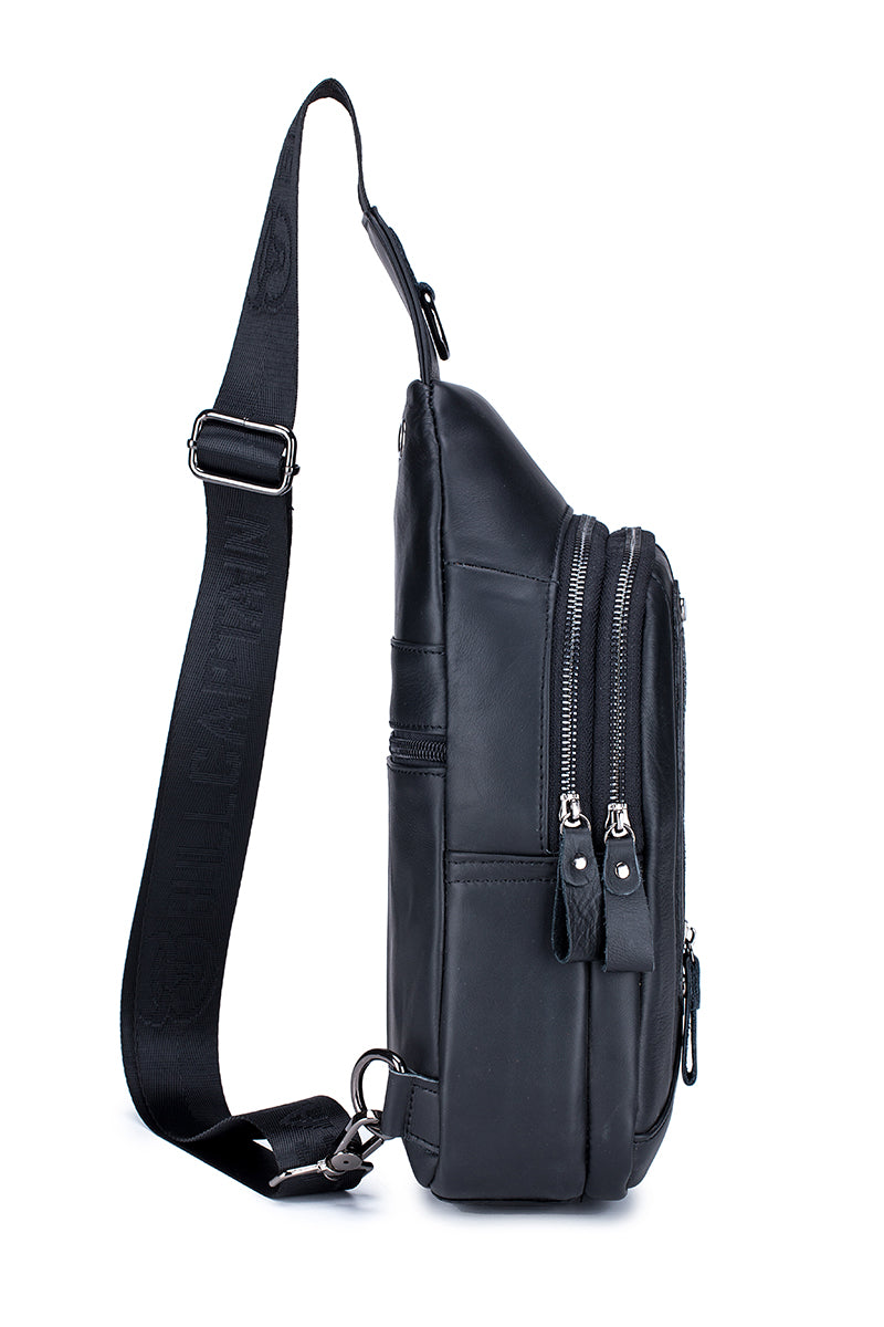 Men Leather Sling Bag Casual Crossbody Shoulder Backpack Chest Bag Black