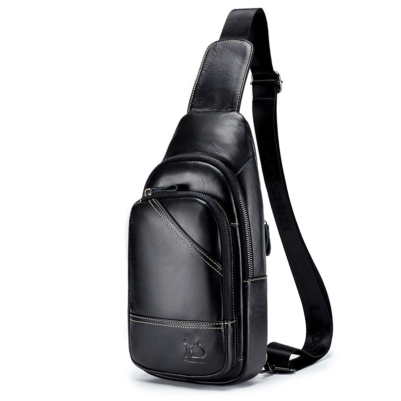 Men Leather Sling Bag Multi-pocket Crossbody Chest Hiking Daypack Black
