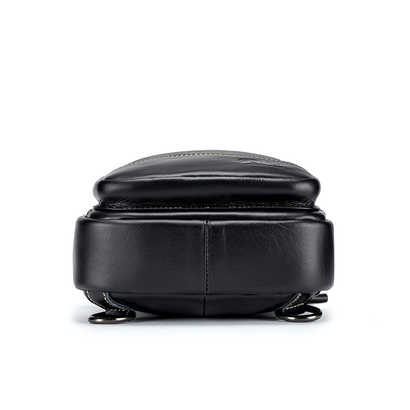 Men Leather Sling Bag Multi-pocket Crossbody Chest Hiking Daypack Black