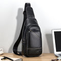 Men Leather Sling Bag Multi-pocket Crossbody Chest Hiking Daypack Black