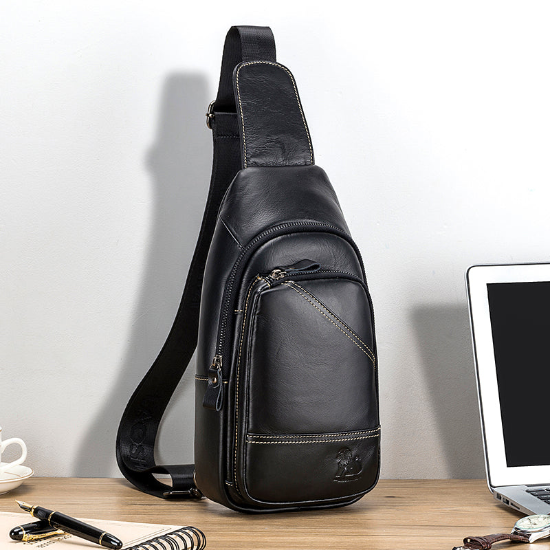 Men Leather Sling Bag Multi-pocket Crossbody Chest Hiking Daypack Black
