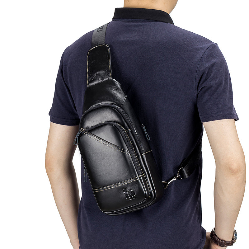 Men Leather Sling Bag Multi-pocket Crossbody Chest Hiking Daypack Black