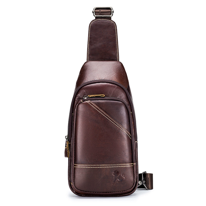 Men Leather Sling Bag Multi-pocket Crossbody Chest Hiking Daypack Coffee