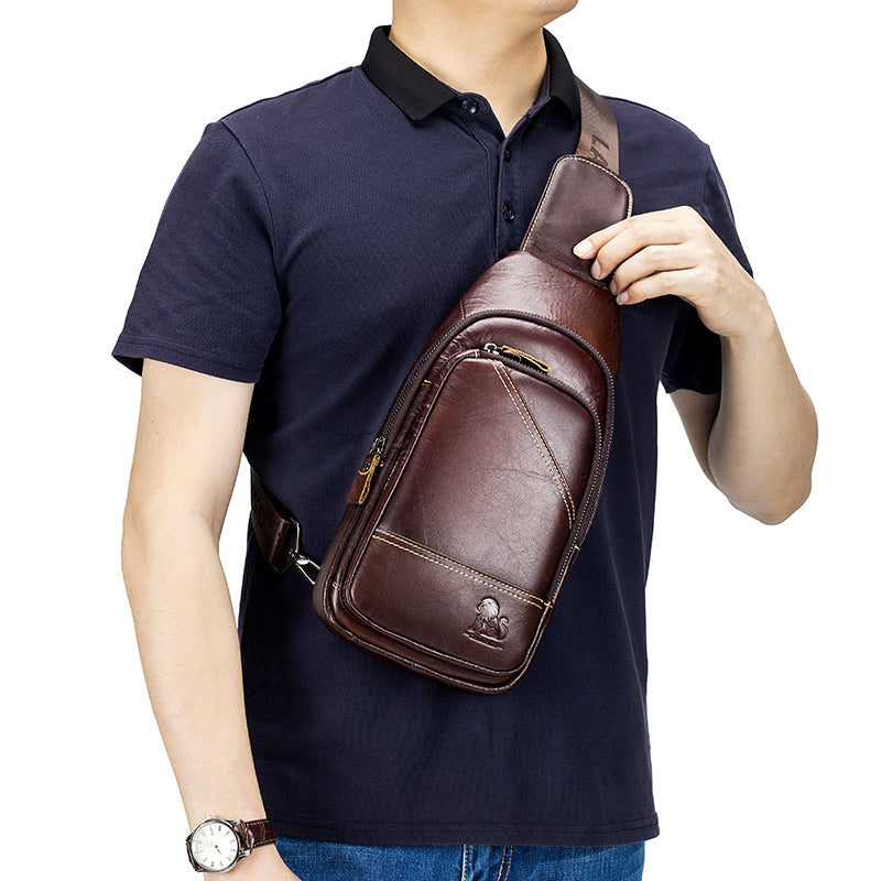 Men Leather Sling Bag Multi-pocket Crossbody Chest Hiking Daypack Coffee