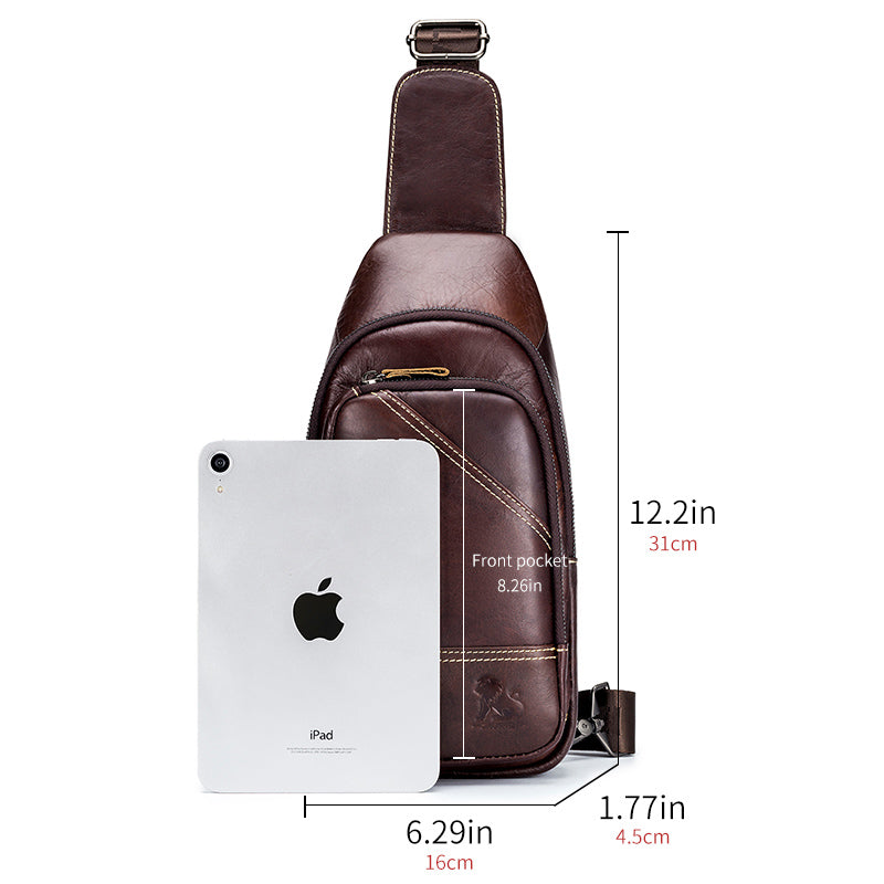 Men Leather Sling Bag Multi-pocket Crossbody Chest Hiking Daypack Coffee