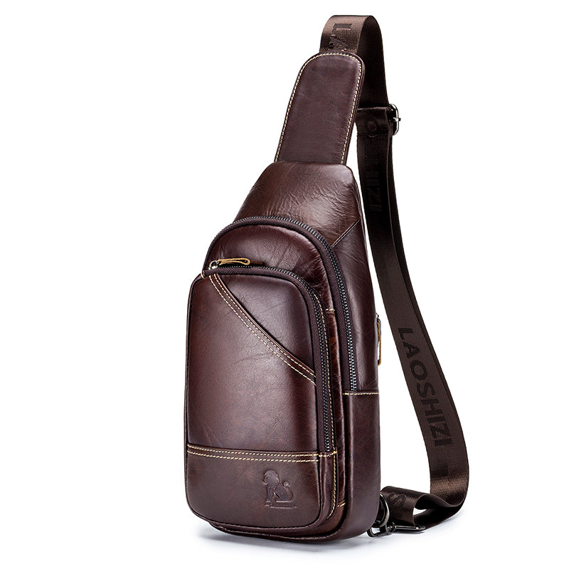 Men Leather Sling Bag Multi-pocket Crossbody Chest Hiking Daypack Coffee