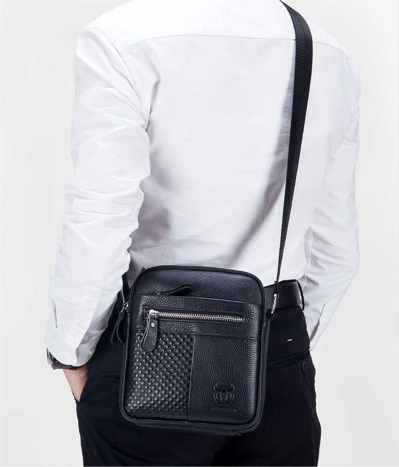 Men Leather Small Shoulder Bag Fashion Design Messenger Work Bag Black