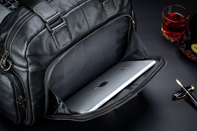 Men Leather Travel Duffle Bag Overnight Gym Sports Weekend Bag Black