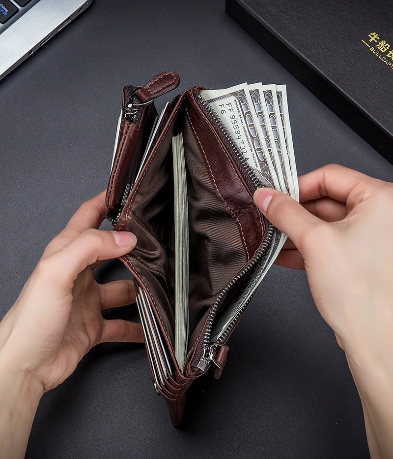 Men Leather Travel Secure Bifold RFID Wallet Large Capacity Wallet Coffee