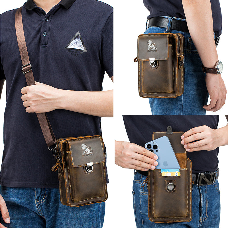 Men Mobile Phone Case Leather Bag Waist Small Shoulder Bag Brown
