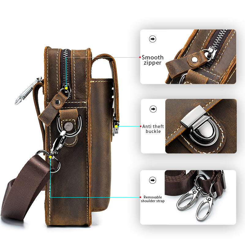 Men Mobile Phone Case Leather Bag Waist Small Shoulder Bag Brown