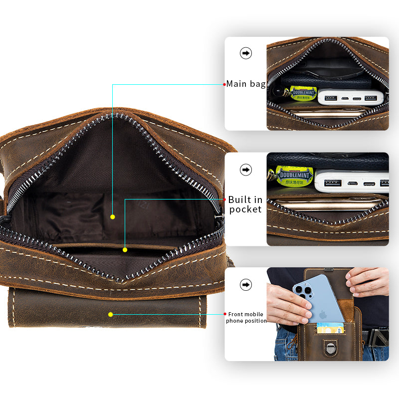Men Mobile Phone Case Leather Bag Waist Small Shoulder Bag Brown