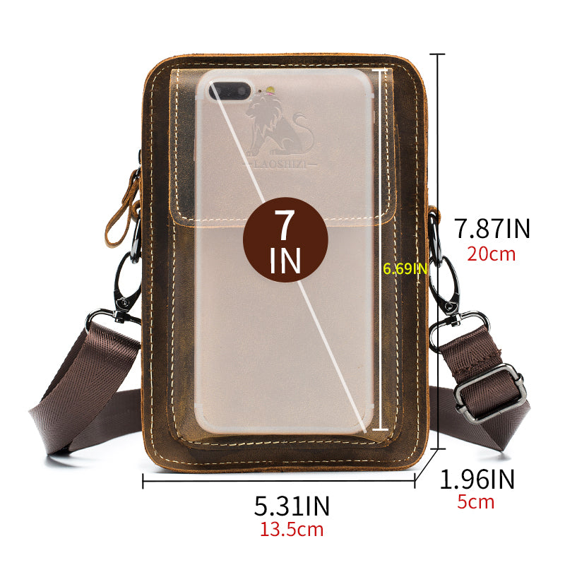 Men Mobile Phone Case Leather Bag Waist Small Shoulder Bag Brown
