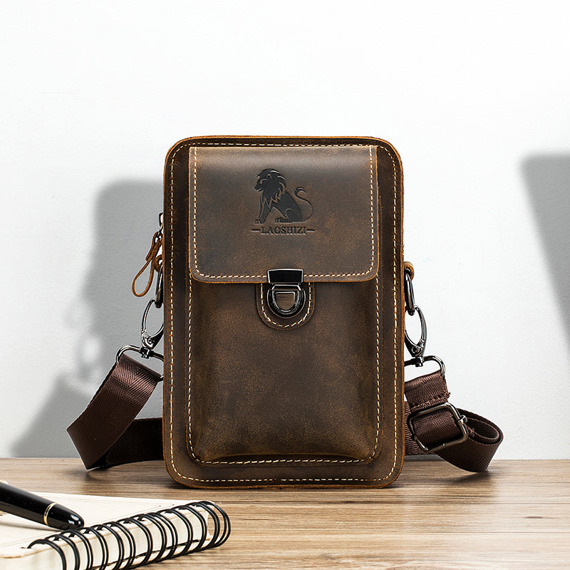 Men Mobile Phone Case Leather Bag Waist Small Shoulder Bag Brown