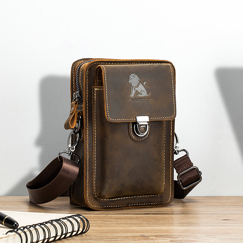 Men Mobile Phone Case Leather Bag Waist Small Shoulder Bag Brown