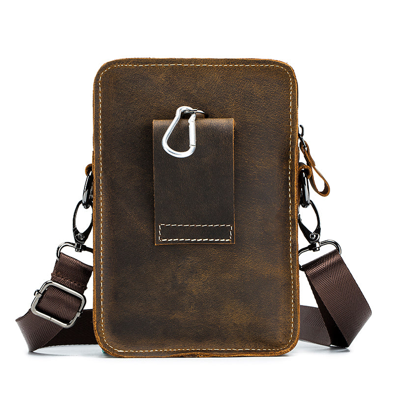 Men Mobile Phone Case Leather Bag Waist Small Shoulder Bag Brown