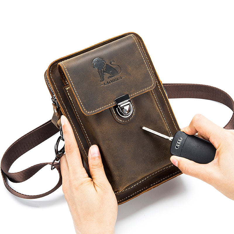 Men Mobile Phone Case Leather Bag Waist Small Shoulder Bag Brown