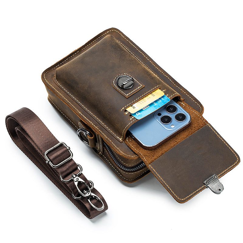 Men Mobile Phone Case Leather Bag Waist Small Shoulder Bag Brown