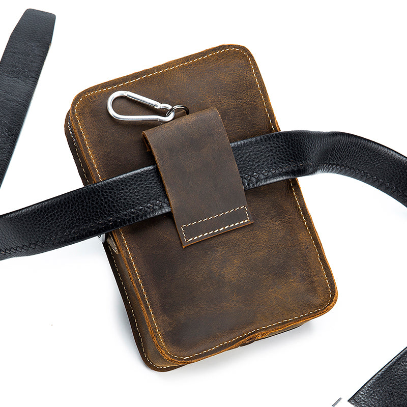Men Mobile Phone Case Leather Bag Waist Small Shoulder Bag Brown