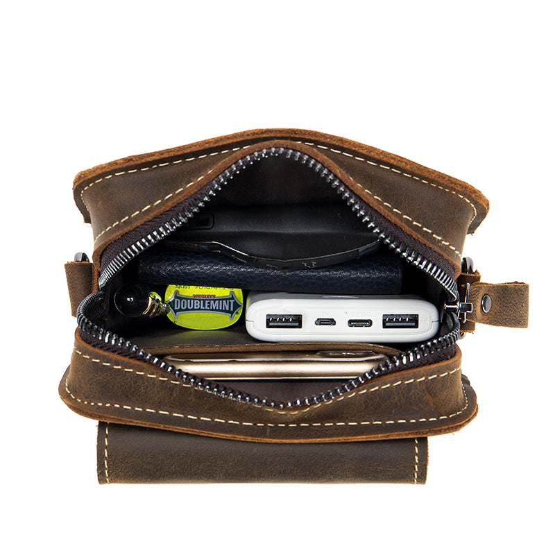 Men Mobile Phone Case Leather Bag Waist Small Shoulder Bag Brown