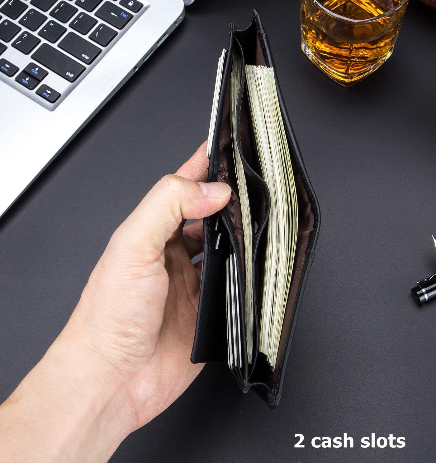 Men RFID Blocking Bifold Wallet Leather Card Holder with 15 Card Slots Black