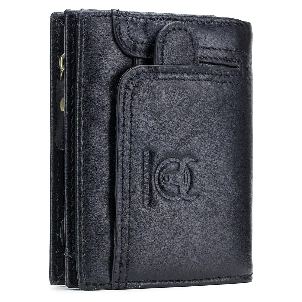 Men RFID Blocking Bifold Wallet Leather Card Holder with 15 Card Slots Black with Zipper