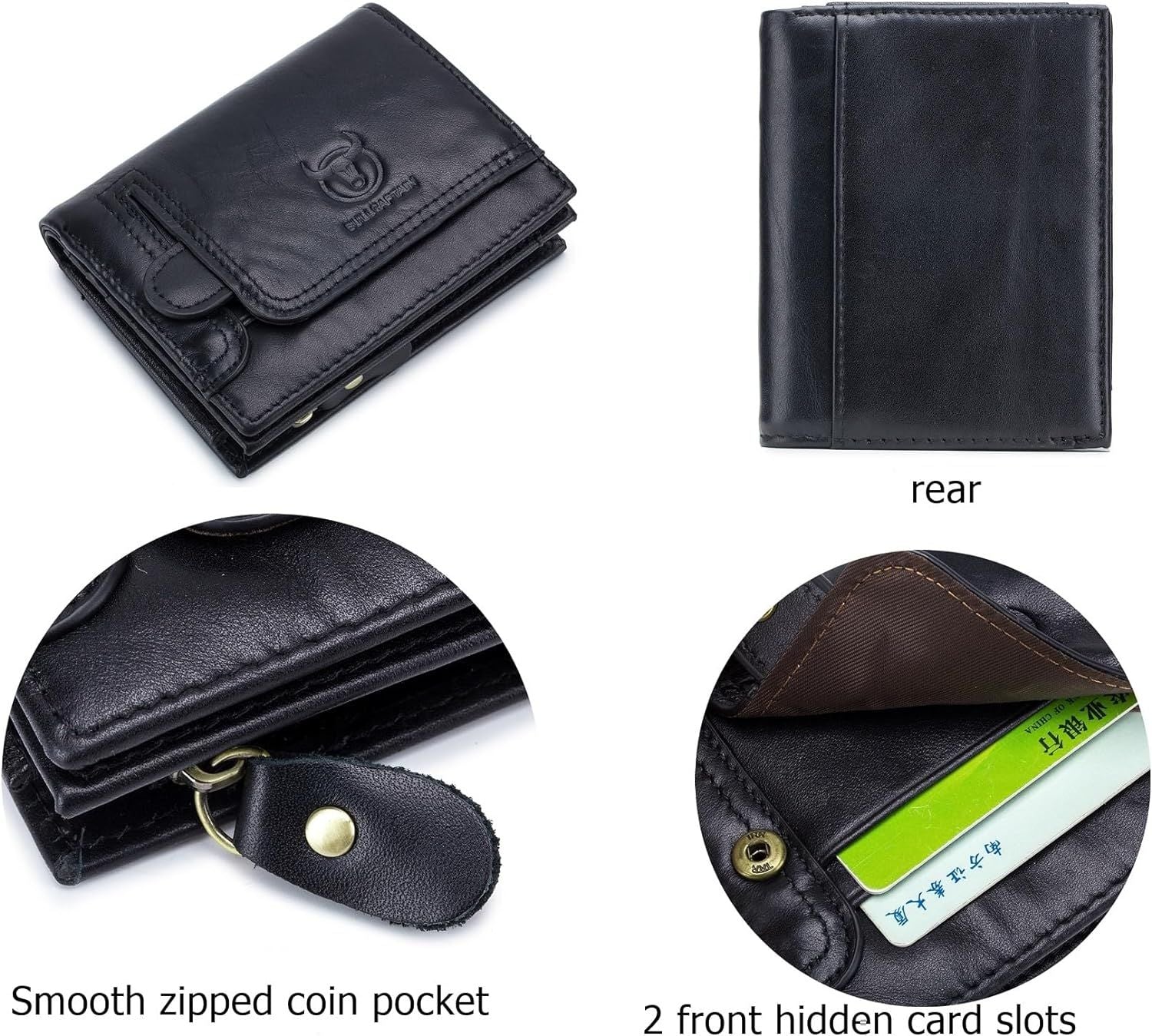 Men RFID Blocking Bifold Wallet Leather Card Holder with 15 Card Slots Black with Zipper