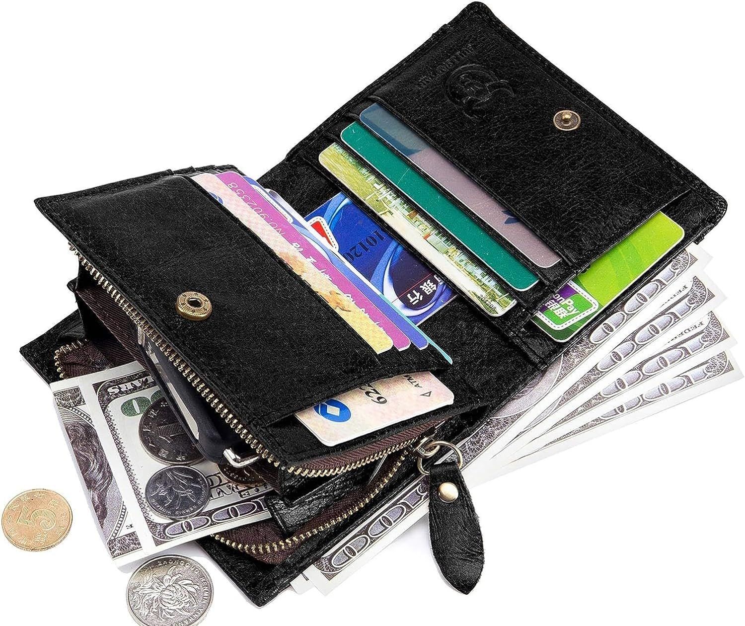 Men RFID Blocking Bifold Wallet Leather Card Holder with 15 Card Slots Black with Zipper