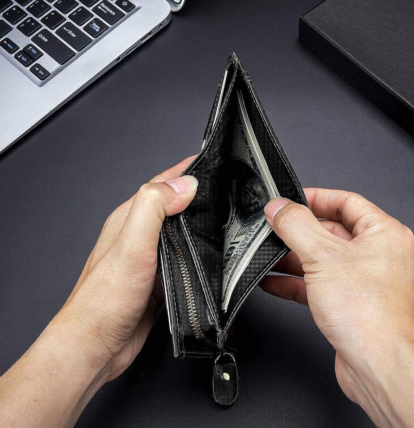 Men RFID Blocking Bifold Wallet Leather Card Holder with 15 Card Slots Black with Zipper