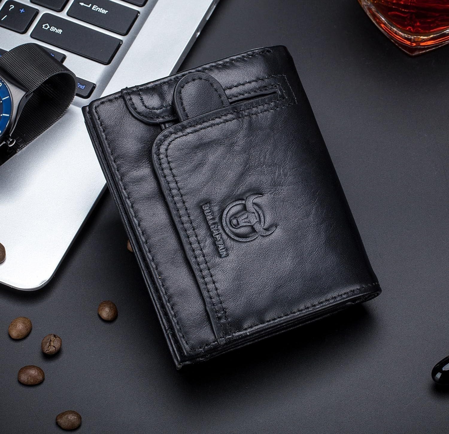 Men RFID Blocking Bifold Wallet Leather Card Holder with 15 Card Slots Black with Zipper