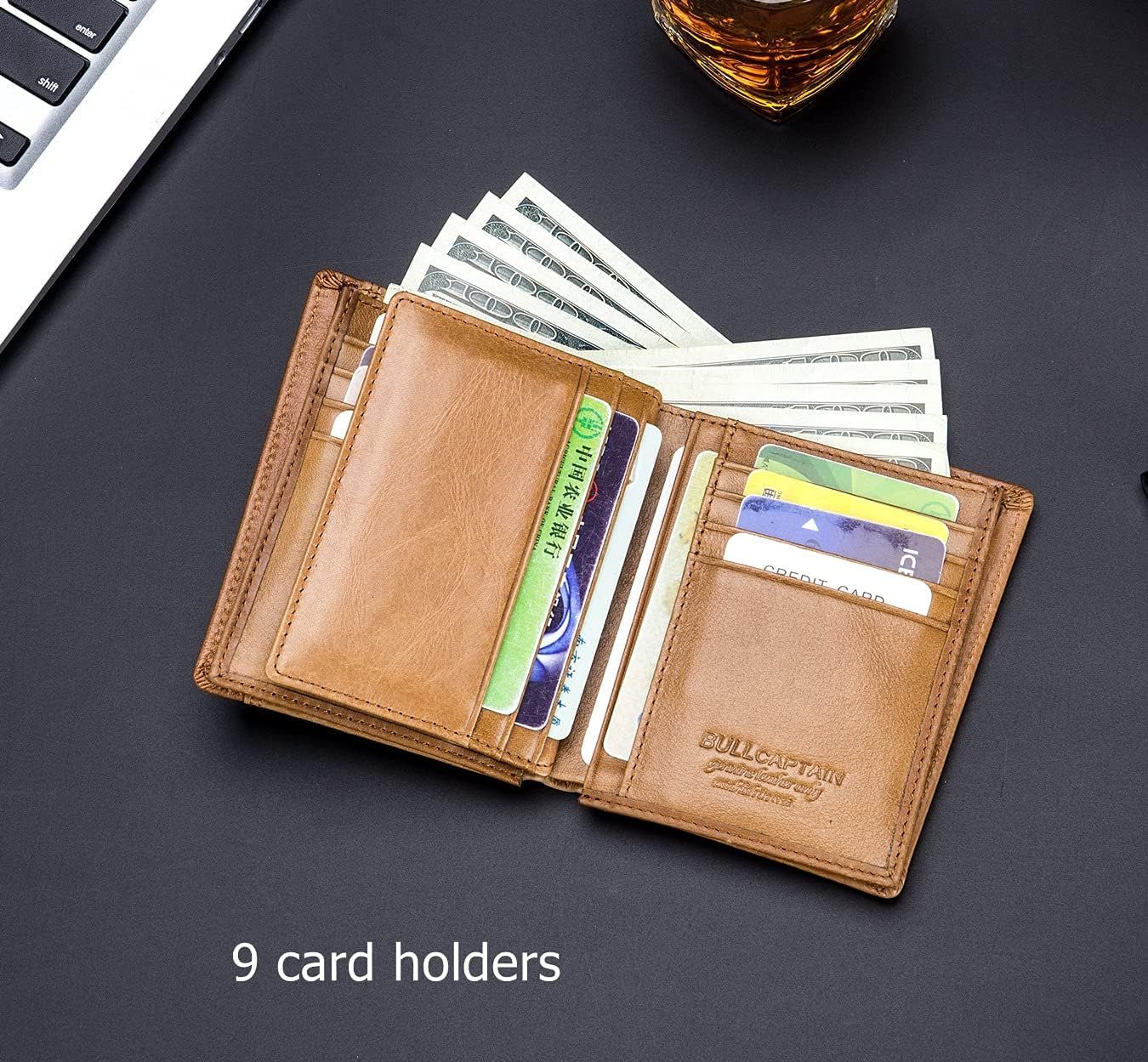 Men RFID Blocking Bifold Wallet Leather Card Holder with 15 Card Slots Brown