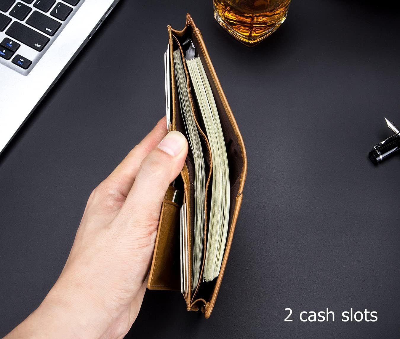 Men RFID Blocking Bifold Wallet Leather Card Holder with 15 Card Slots Brown