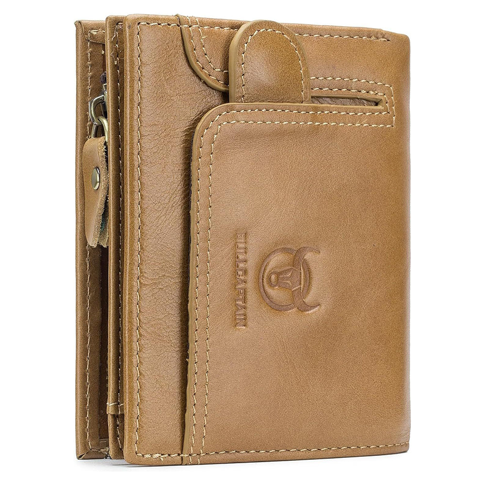 Men RFID Blocking Bifold Wallet Leather Card Holder with 15 Card Slots Brown with Zipper
