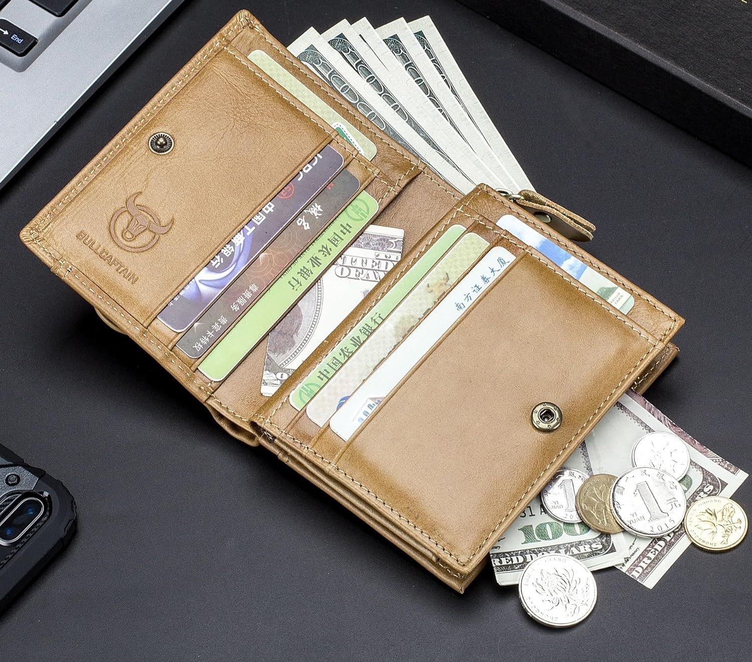 Men RFID Blocking Bifold Wallet Leather Card Holder with 15 Card Slots Brown with Zipper