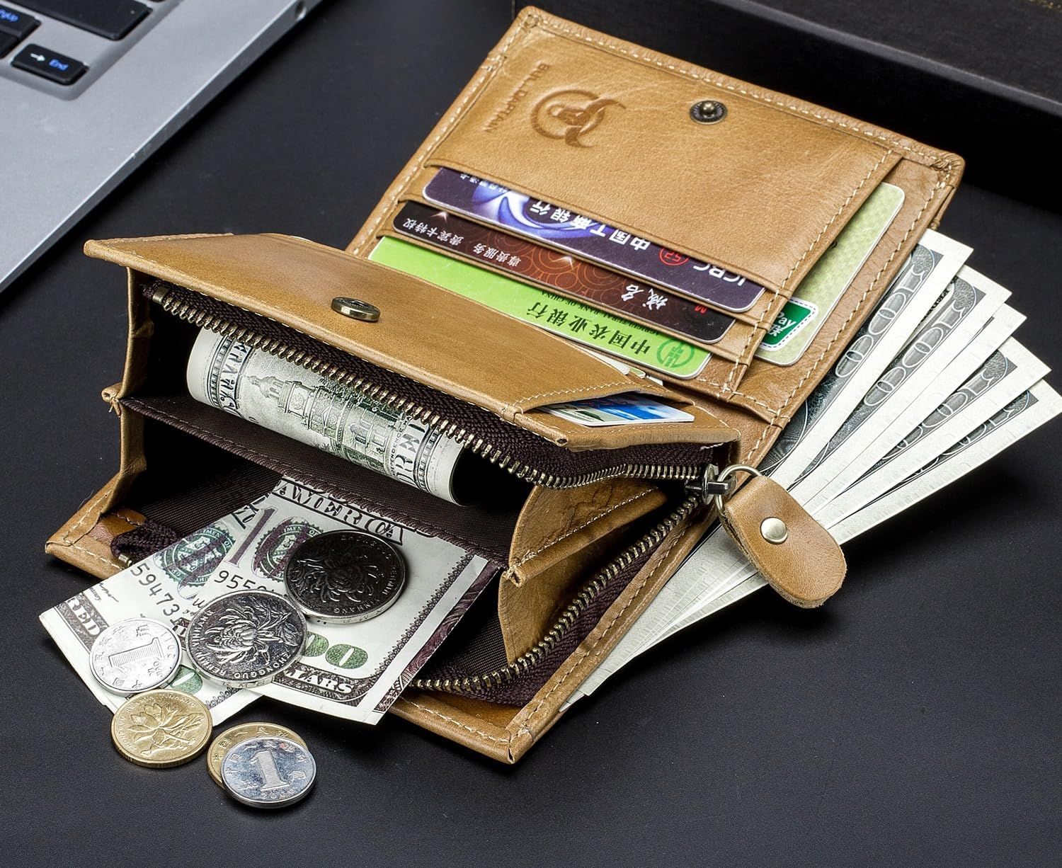 Men RFID Blocking Bifold Wallet Leather Card Holder with 15 Card Slots Brown with Zipper