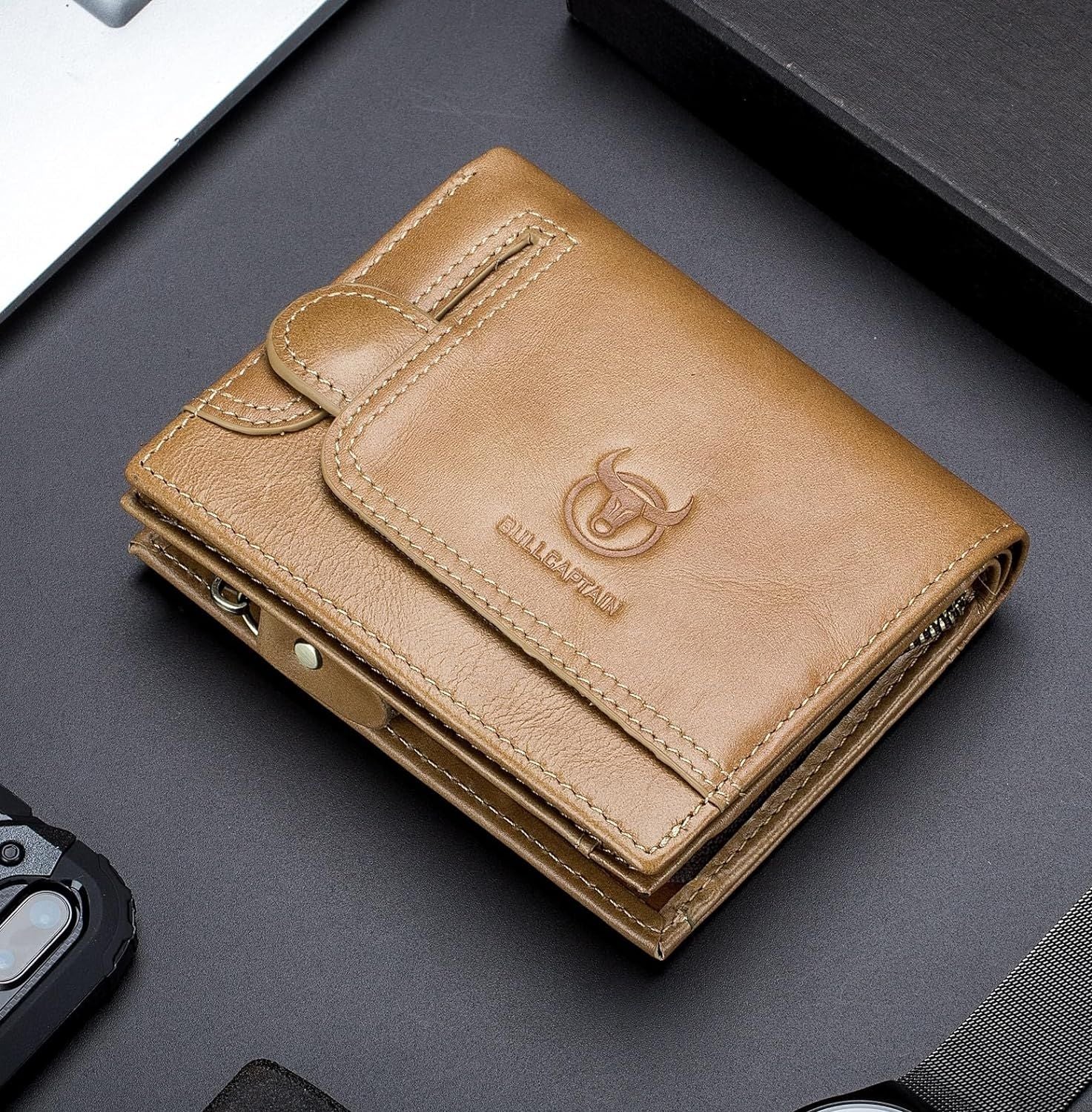 Men RFID Blocking Bifold Wallet Leather Card Holder with 15 Card Slots Brown with Zipper