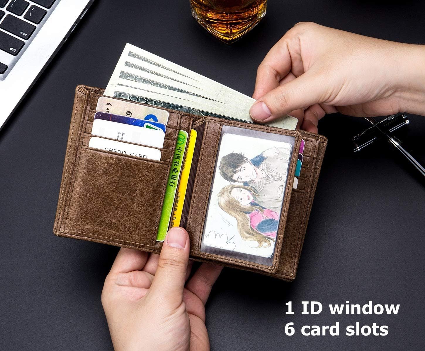 Men RFID Blocking Bifold Wallet Leather Card Holder with 15 Card Slots Coffee
